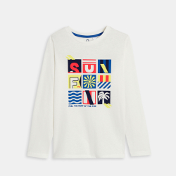 تيشيرت بأكمام طويلة عليه رسالة، باللون الأبيض للأولاد.